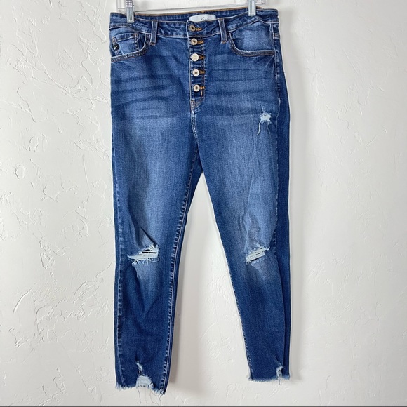 KanCan Denim - Kancan Jeans Geneva Ankle Skinny Denim Dark Wash Blue Button Fly Ripped Distress